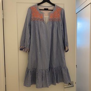J. Crew Blue Striped Embroidered Dress W/ Pockets